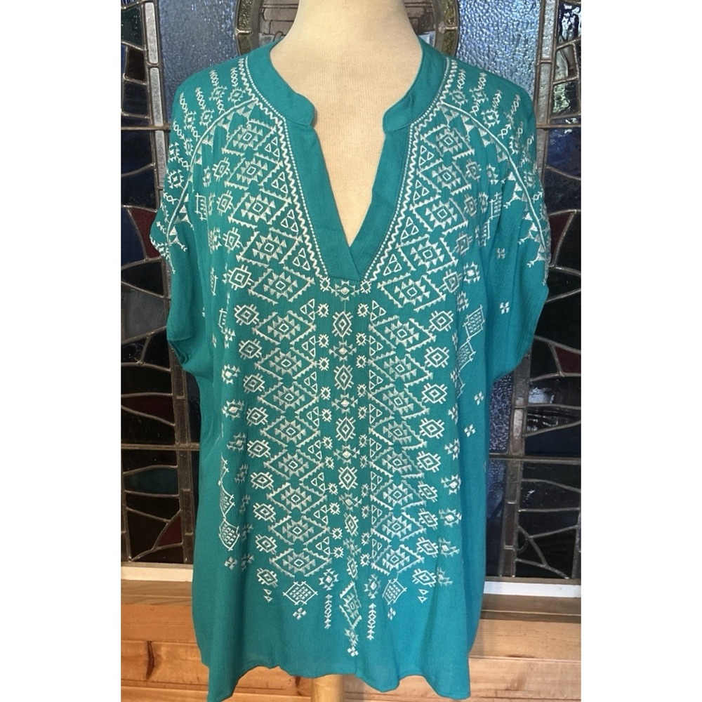 Savanna Jane Embroidered Teal Top Plus Size 1XL NEW WITH TAGS